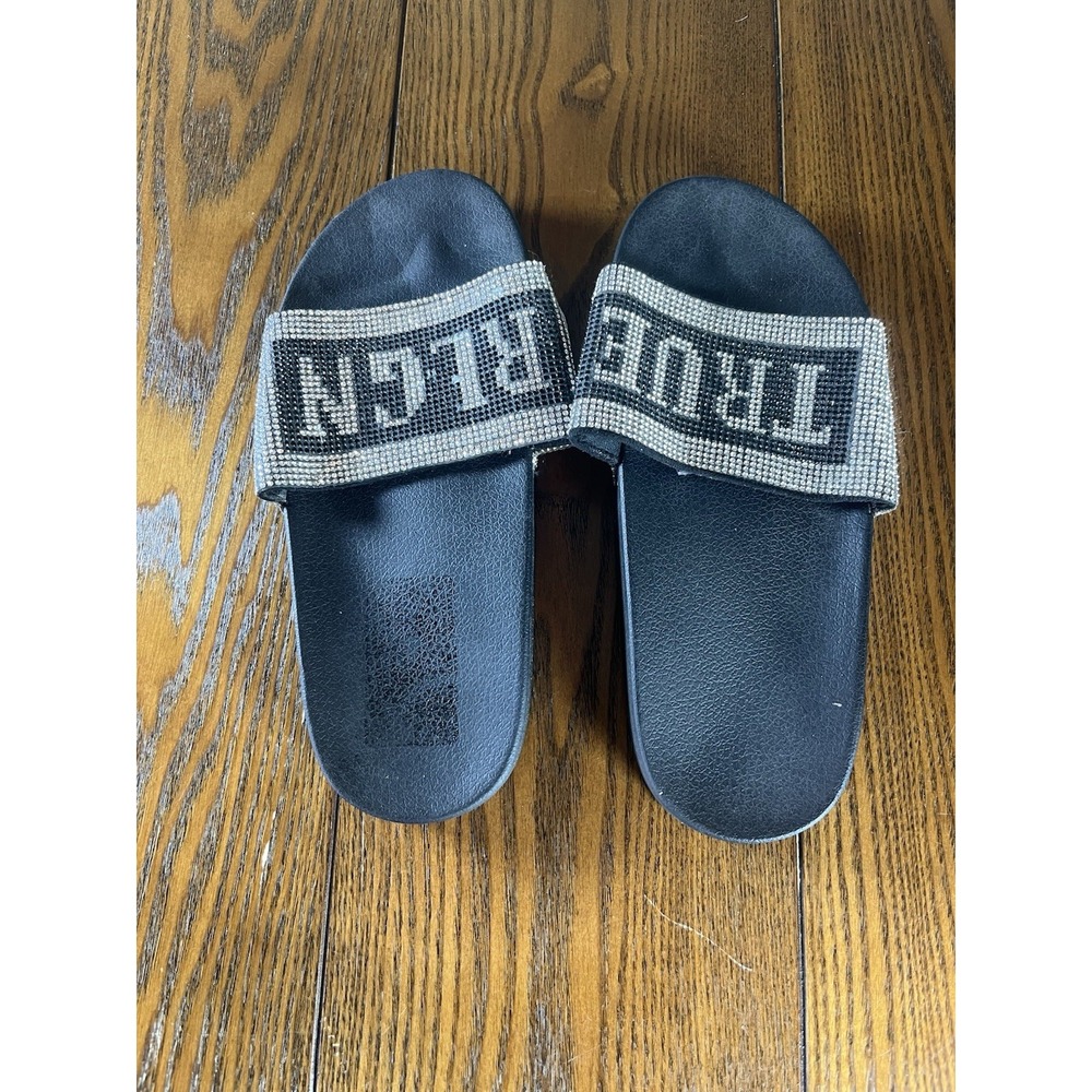 Bedazzled True Religion Jasmin Black Logo Slides Size 7